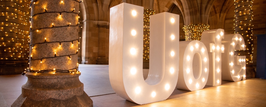 UofG letters & Christmas lights in the Cloisters, University of Glasgow