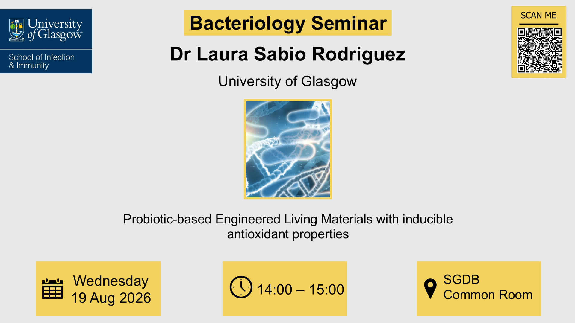 Bacteriology seminar, Laura Sabio Rodriguez, of which the date, time and location are included in the accompanying text.