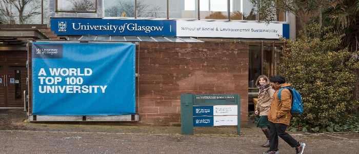 Students walking into Dumfries campus Rutherford-McCowan building