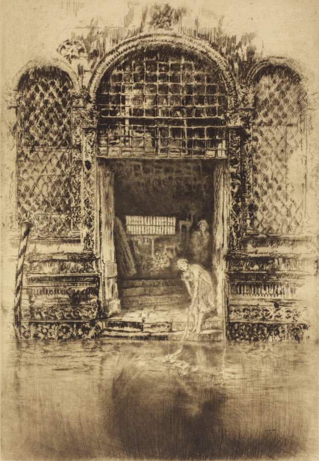 A Whistler portrait painting of a poor woman washing clothes by the riverside, from an open building entrance by the river.