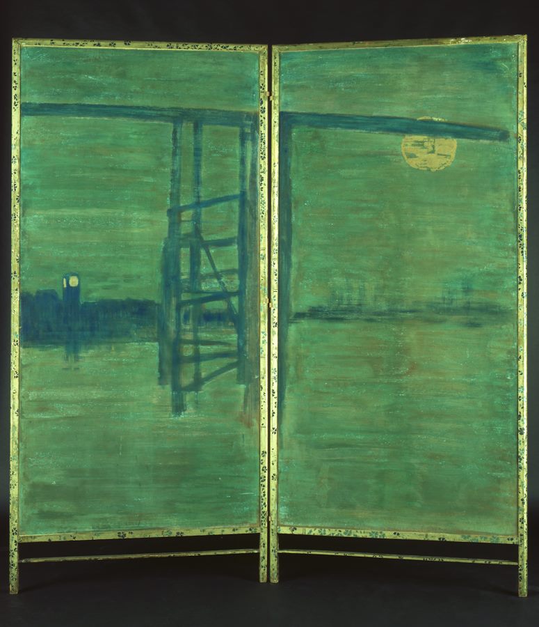 A green and gold dressing screen with painted landscale design by Whistler