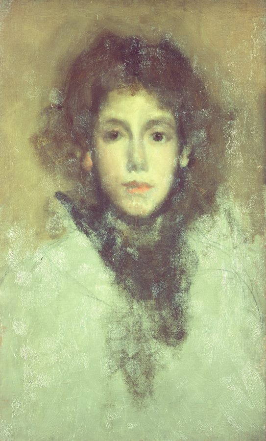 A Whistler portrait painting of a brunette woman in white facing the camera, close up.