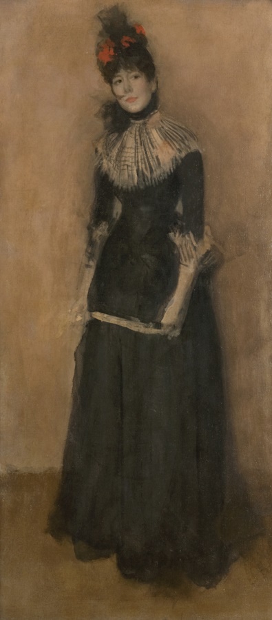 A Whistler portrait painting of a woman in a black dress with white neck and gloves, standing still and looking off to the side.