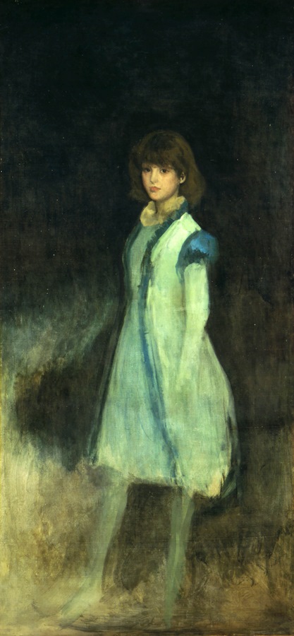 A portrait painting by Whistler of a young woman in a white and blue dress, stood in front of a black backround