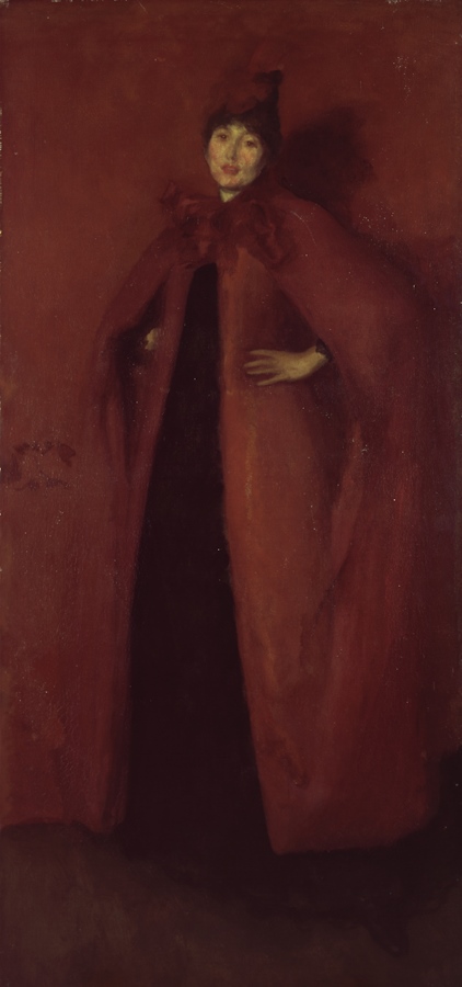A Whistler portrait painting of a woman in a red dress and hat looks at the artist with hands on hips.