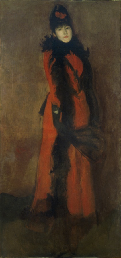 A Whistler portrait painting of a woman in a red dress, with black fan, scarf and gloves.