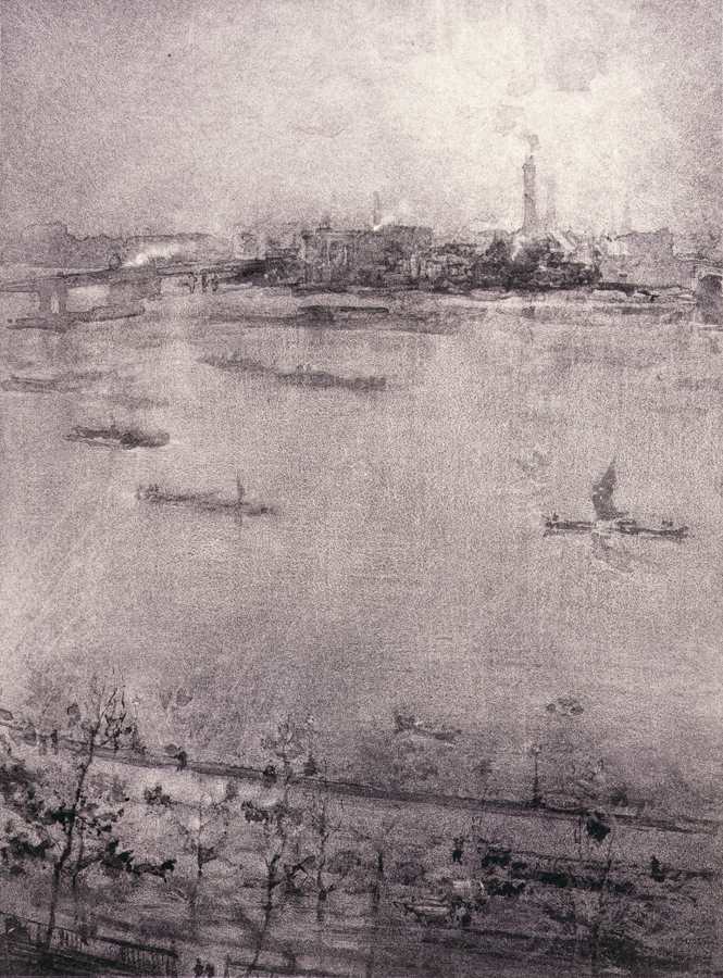 A Whistler painting of a river side scene in black and white, with many old boats sailing past trees on the bank.