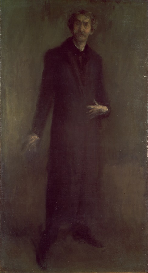 A Whistler portrait painting of an old man with grey hair and a mustache facing the camera while standing, wearing a long dark trench coat.