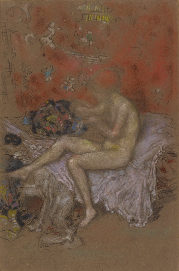 A Whistler portrait painting of a naked woman sitting on a couch, to the side, looking at something in her hands..
