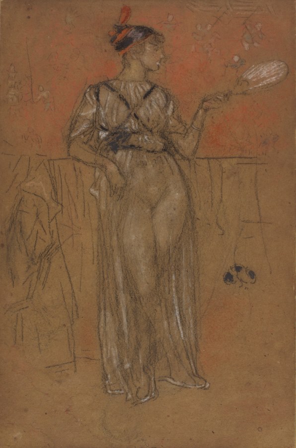 A Whistler pastel drawing or a woman in a dress holding a fan.