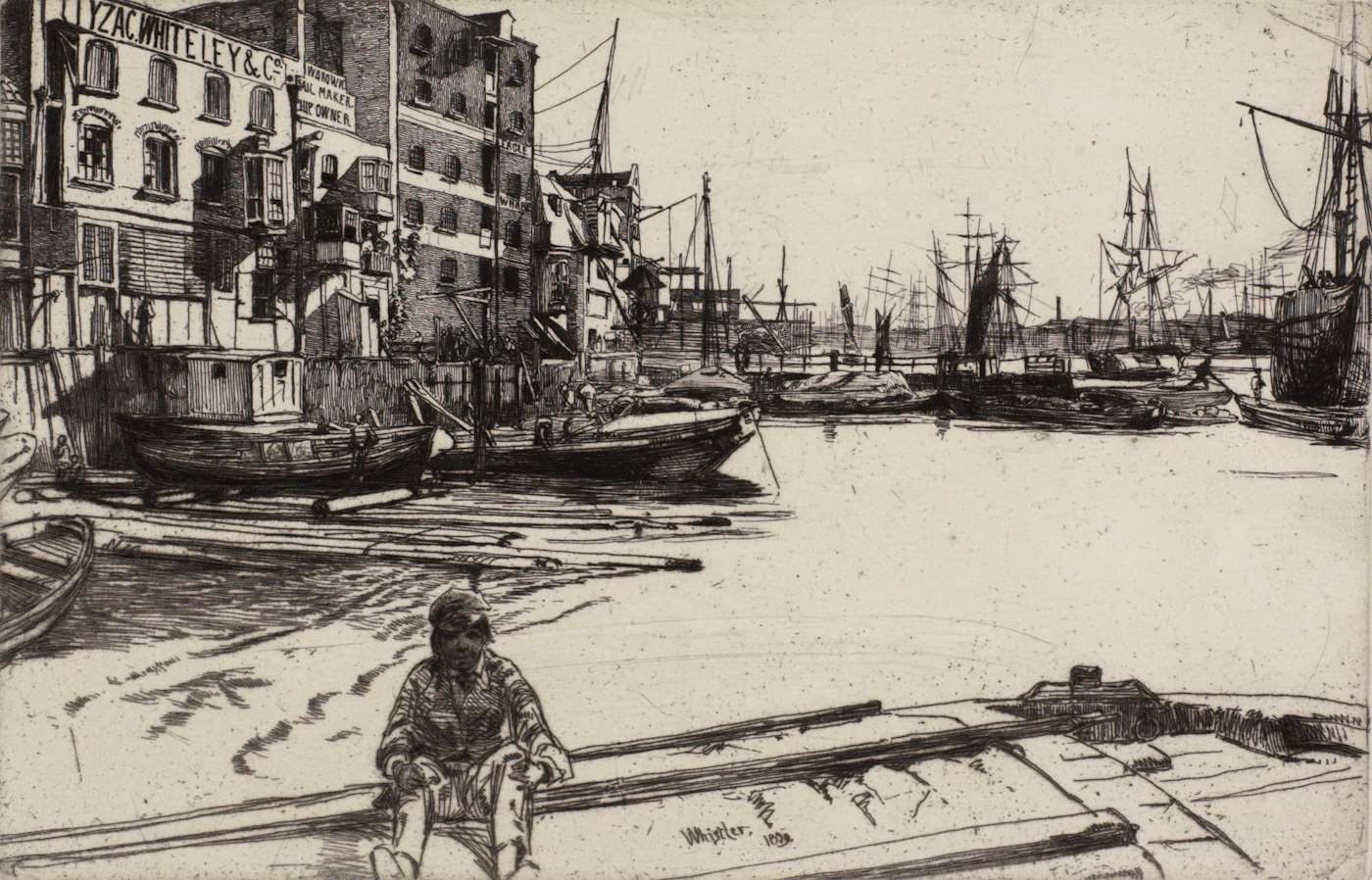 A Whistler ink sketch of a boy sat on a barge on a river, next to boats and buildings