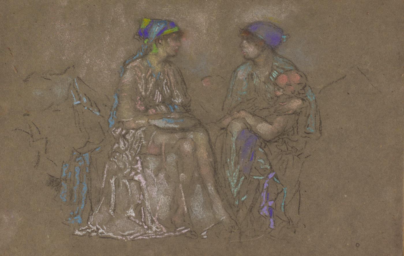 A Whistler pastel work of two women talking while sitting down