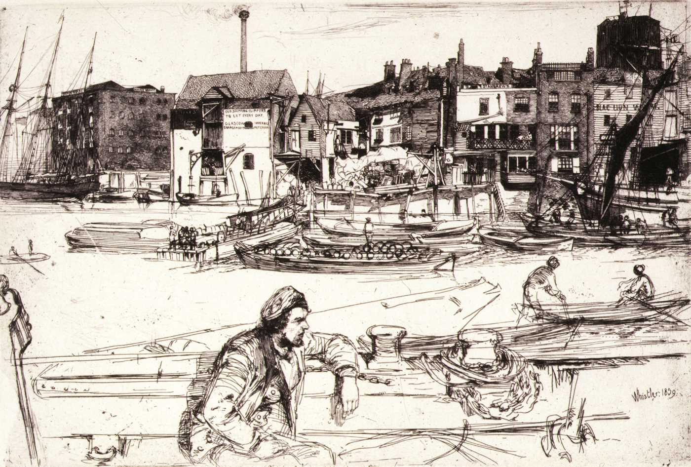 A Whistler ink sketch of a man sat on a boat on a river, next to other boats and buildings