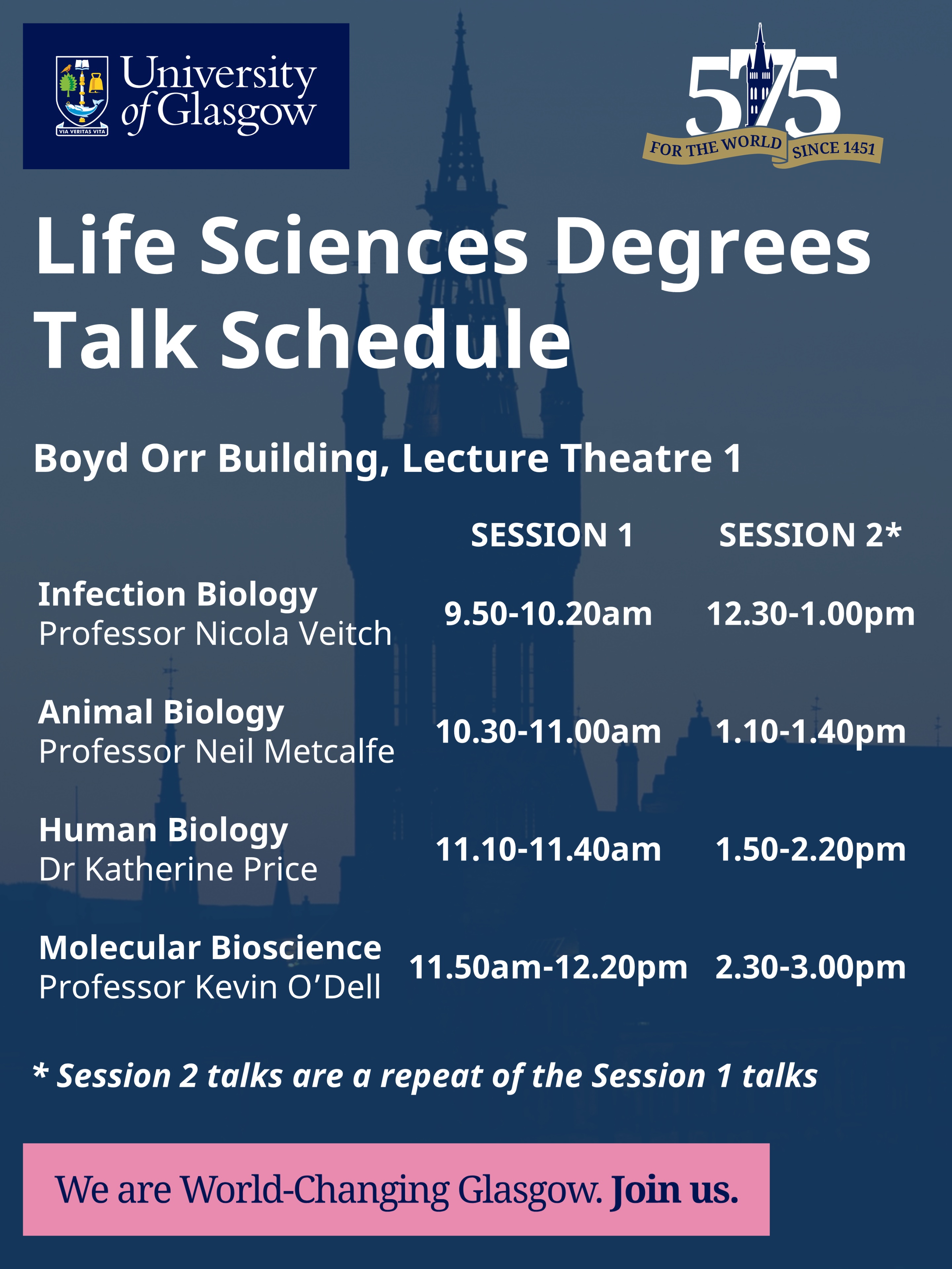 Poster for the University of Glasgow Life Sciences Degrees Open Day talk schedule in Boyd Orr Building, Lecture Theatre 1. Infection Biology, Animal Biology, Human Biology and Molecular Bioscience talks run twice between 9.50am and 3pm, with the second session repeating the first.