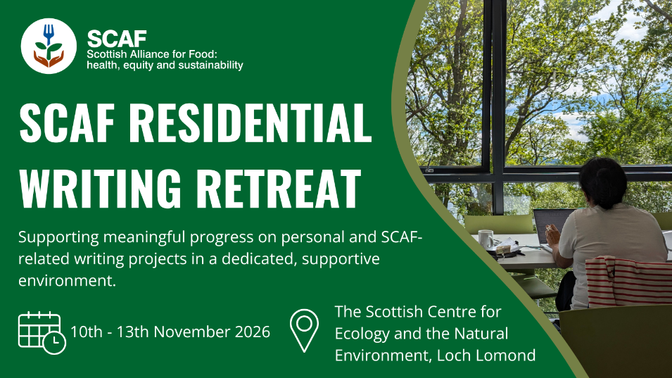 Flyer for SCAF Event. Background picture of person sitting with laptop at a window. Text reads: 'Scaf Residential Writing Retreat, supporting meaningful progress on personal and SCAF-related writing projects in a dedicated, supportive environment.