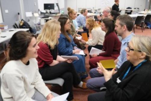 A group of facilitation training attendees sitting in two rows facing each other