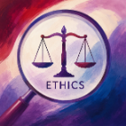Illustration of a magnifying glass focusing on a set of balanced scales above the word “ETHICS”. The image uses abstract painterly brushstrokes in shades of deep blue, purple, pink, and cream, symbolising scrutiny, fairness, and ethical review in research and decision-making.