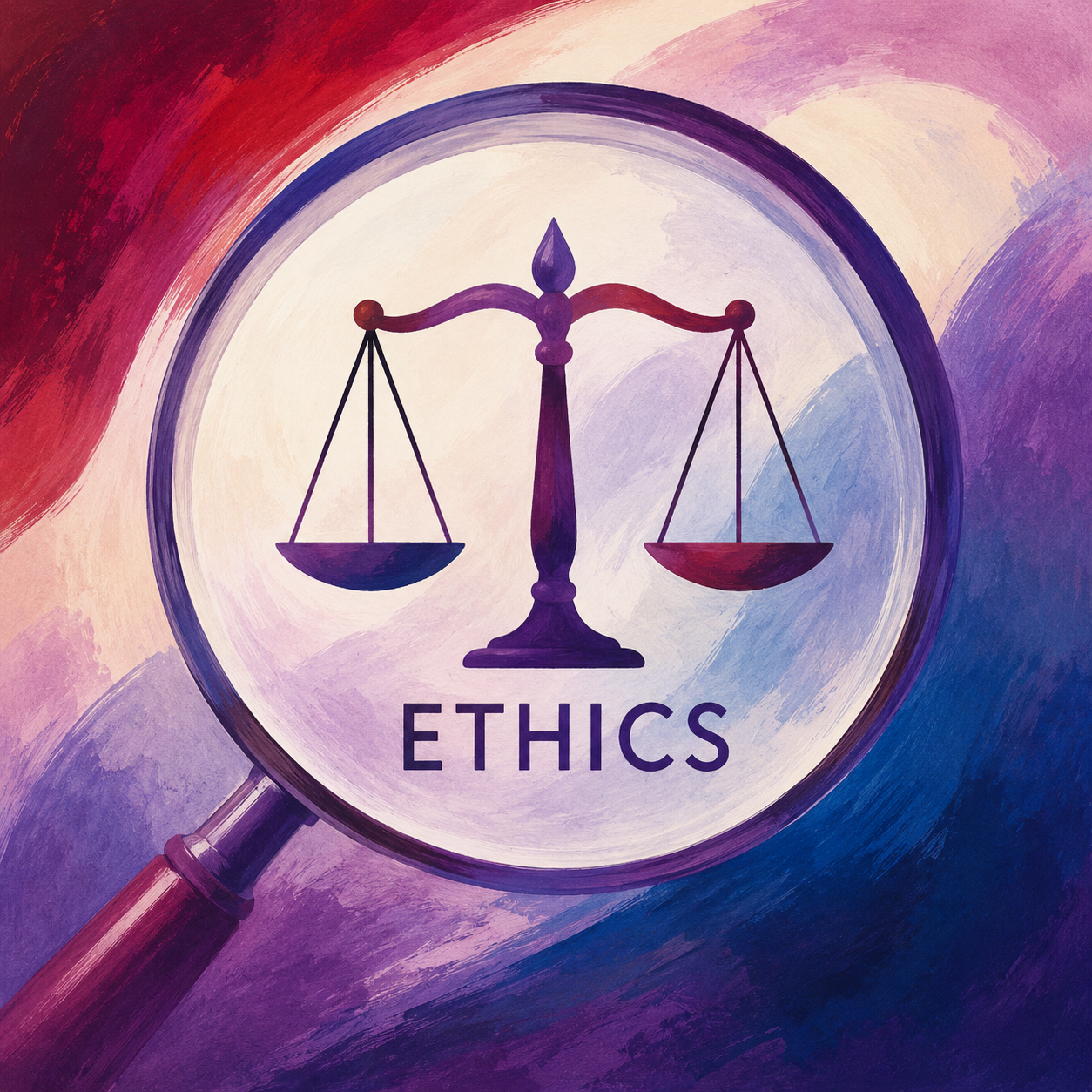 Illustration of a magnifying glass focusing on a set of balanced scales above the word “ETHICS”. The image uses abstract painterly brushstrokes in shades of deep blue, purple, pink, and cream, symbolising scrutiny, fairness, and ethical review in research and decision-making.