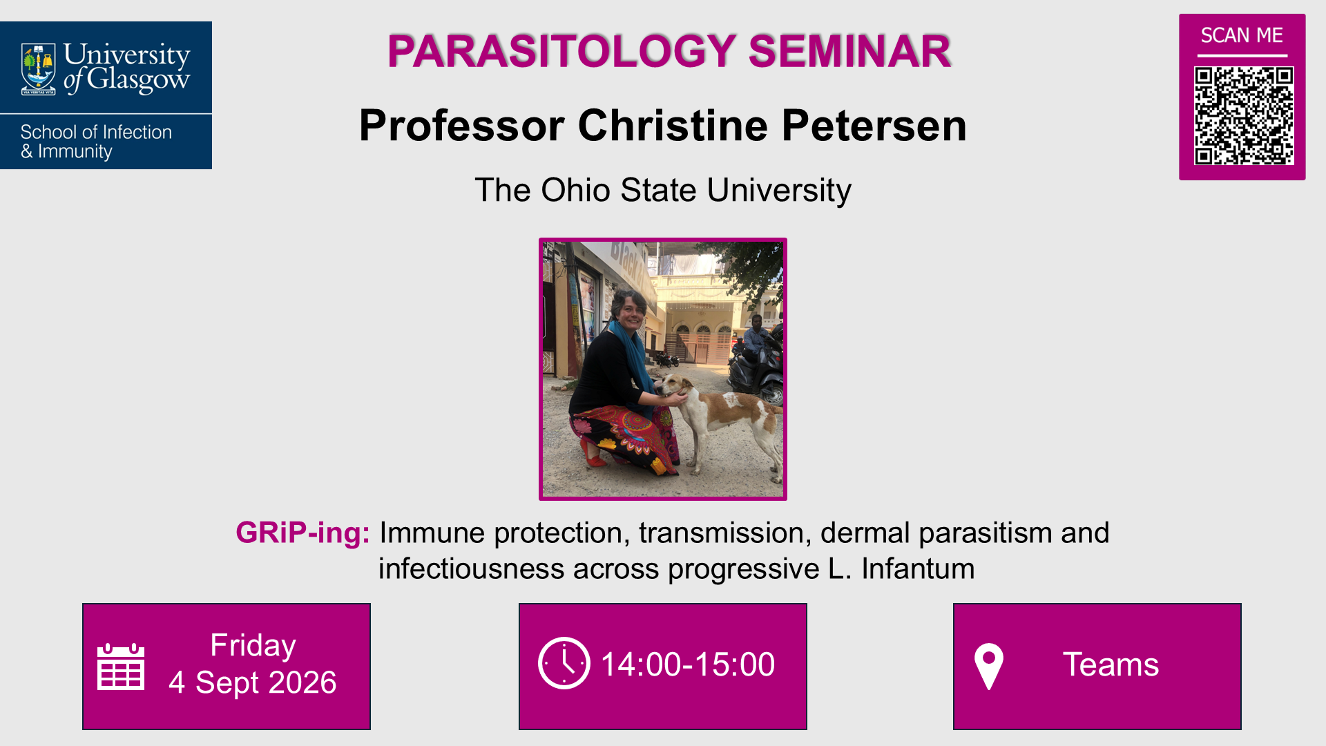 Parasitology GRiP-ing seminar flyer, of which the date, time and location are included in the accompanying text.