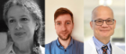 Three headshots (from L to R) a black and white photo of a woman with curly hair, a photo of a young man with auburn hair and a goatee and a photo of a smiling bald Asian man, a bald man in glasses, third headshot missing