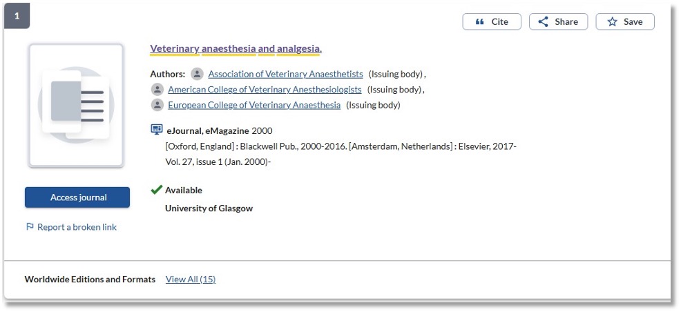 A Library Search result with the Save control shown at the top right of the record