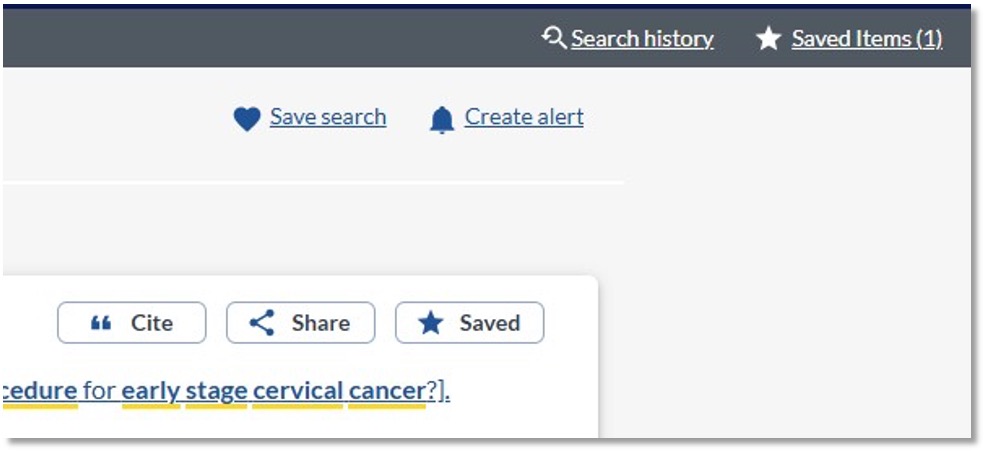 Library Search showing the Saved Items link at the top right of the page