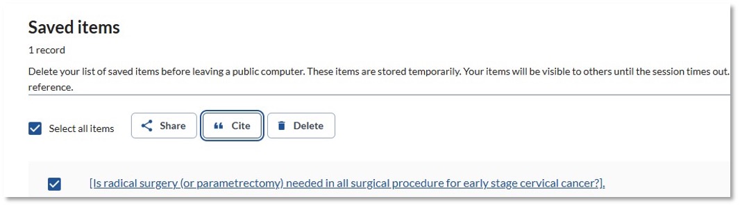 The Library Search Saved items page with a reference selected and the Cite button available