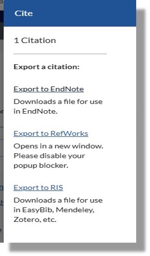 The Library Search Cite panel showing the Export to EndNote option