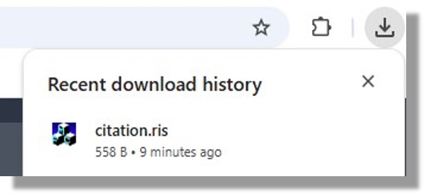 A browser download panel showing a downloaded file named citation dot ris