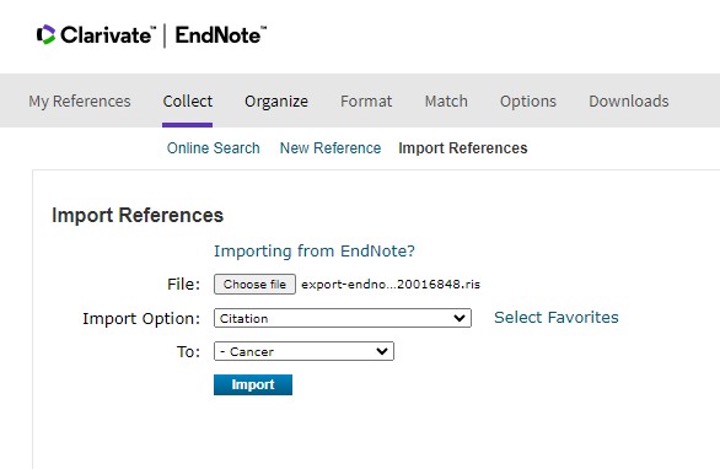 The EndNote Basic Import References page showing Choose file, Import Option set to Citation, a group selector and the Import button