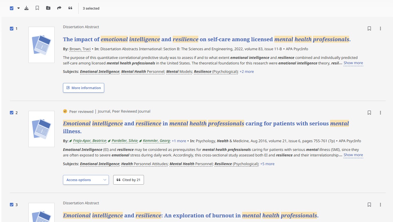 EBSCOhost search results with three references selected