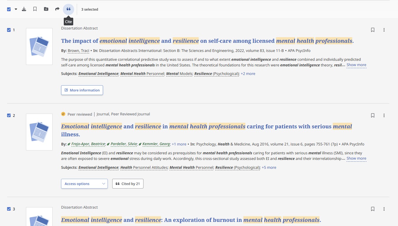EBSCOhost search results with three references selected and the Cite control highlighted