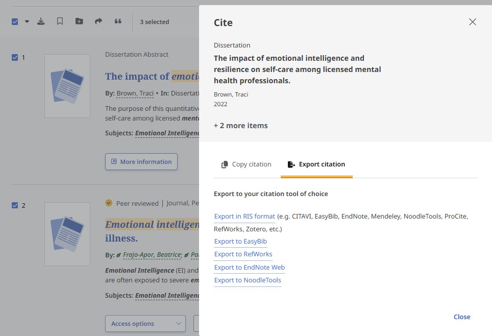 The EBSCOhost Cite panel with Export citation selected and the Export in RIS format link shown.