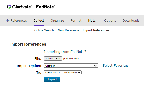 The EndNote Basic Import References screen showing a RIS file selected, Import Option set to Citation, a group selected and the Import button