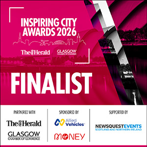 Inspiring City Awards 2026 logo, pink background with white text and white footer with coloured text