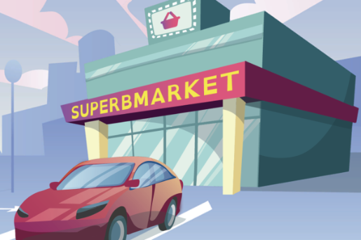A graphic design of a red car in front of a supermarket with a sign of SuperBMarket