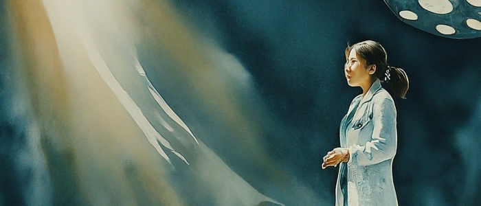 A painting of a young female doctor looking at shadows