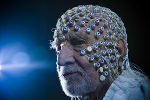 At 98-years-old, Ken, pictured wearing a 256 electrode EEG net to record electrical brain activity on the scalp surface, is the oldest participant in the study. Courtesy of JD Howell