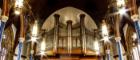 A view from inside Bute hall, looking up at the organ.