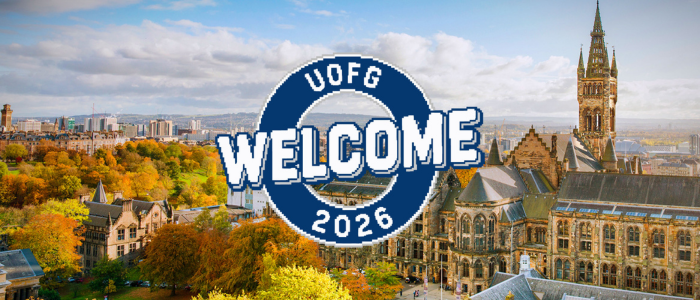 A photo of the main campus at UofG with UofG Welcome 2026 in pixellated stylised font