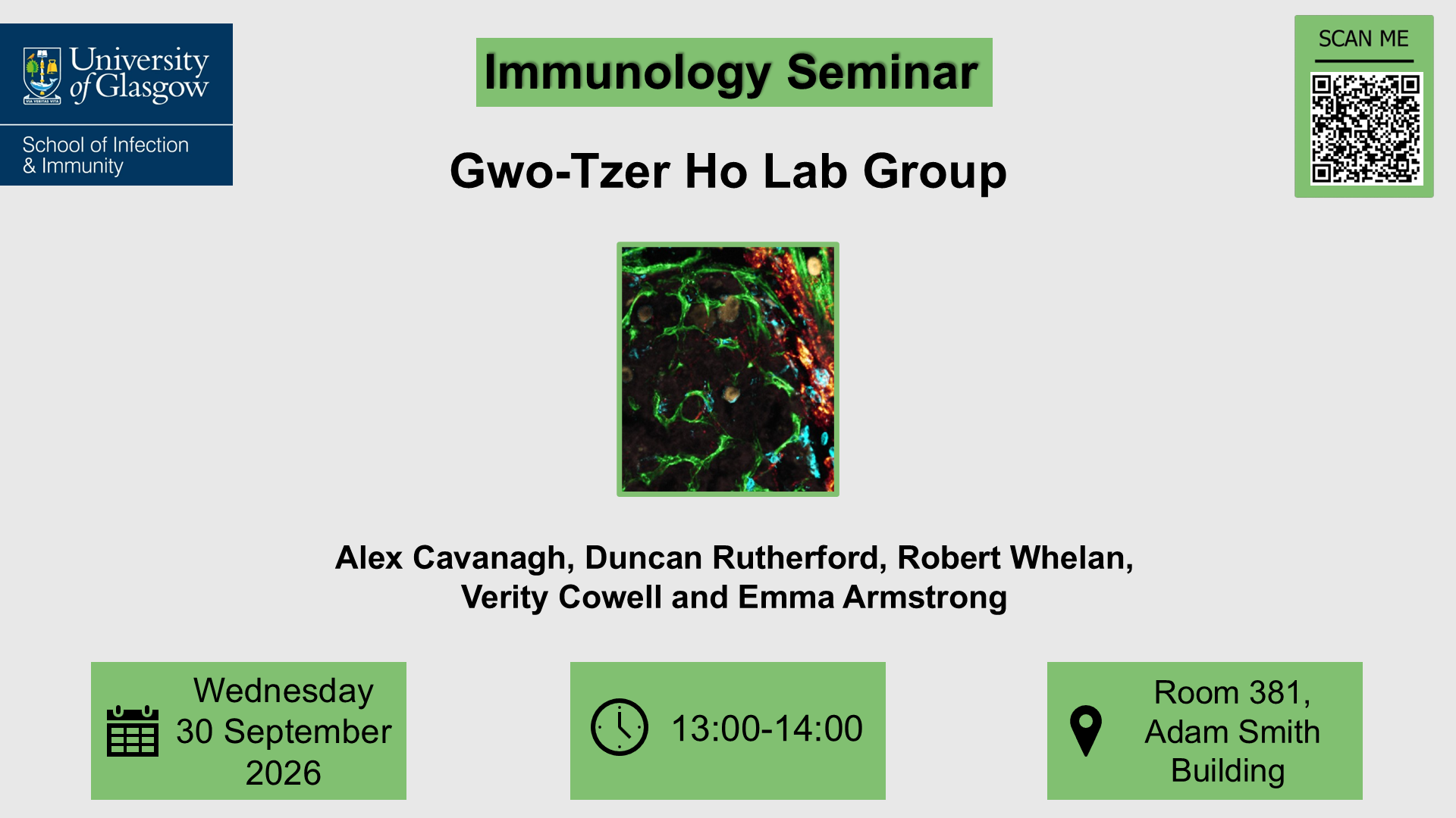 Flyer for Immunology seminar, Gwo-Tzer Ho Lab Group, of which the date, time, location and title are included in the accompanying text