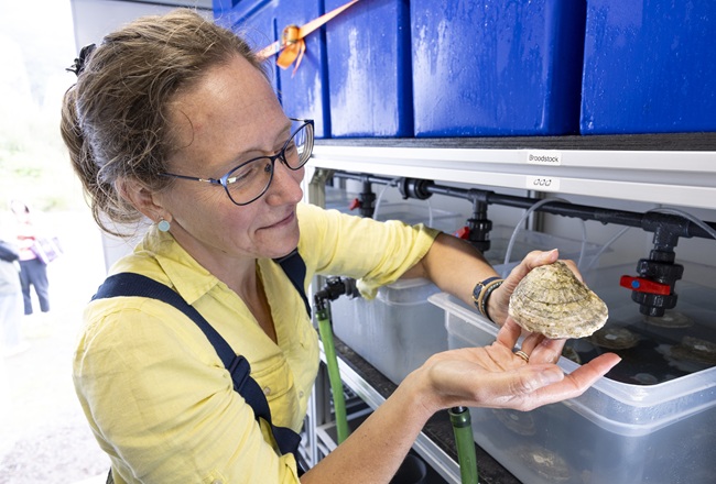Dr Anna McGregor inside the new mobile oyster hatchery in Millport.
