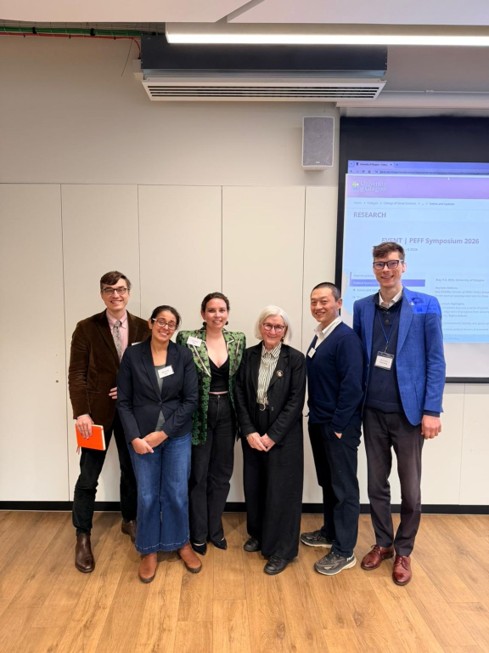 Image description: The PEFF leadership team with Ann Pettifor. From left to right: Sean Vanatta, Maha Rafi Atal, Franziska Paul, Ann Pettifor, Mingzhe Zhu, and Bernhard Reinsberg.