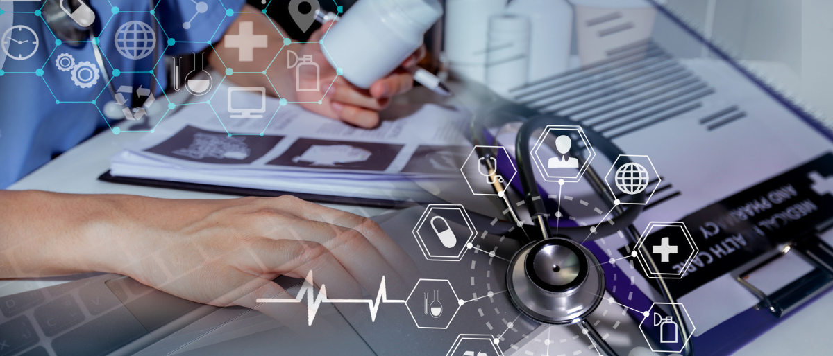 A collage of pictures, showing someone sat at a desk looking at a pill bottle and typing on a computer overlaid with an image of a clipboard and medical icons.
