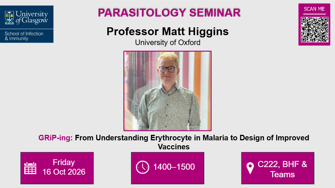 GRiPing Parasitology Seminar, Professor Matt Higgins, of which the date, time, and location are included in the accompanying text.