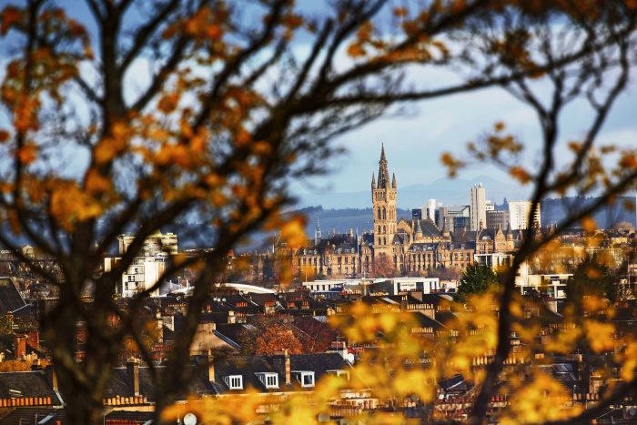 View of Glasgow University tower through trees