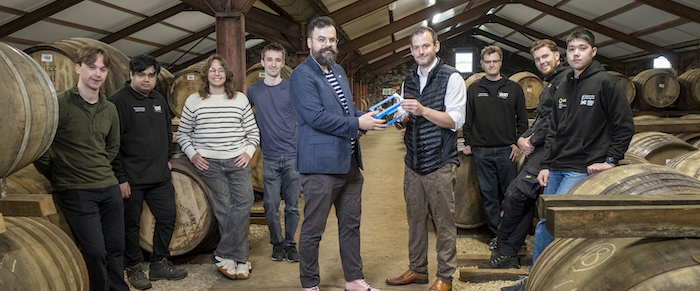 Glasgow engineering students Micah Chapman, Muhammad Taha Malik, Liam Alkire and Milo Godwin; Dr Gilles Bailet of the University of Glasgow’s James Watt School of Engineering and Geoff Nisbet of Allen Associates; Glasgow engineering student Peter Moody, Glengoyne Distillery warehouse team leader Gregg Black, and Glasgow engineering student Yuki Suter are pictured at Glengoyne Distillery, Dumgoyne