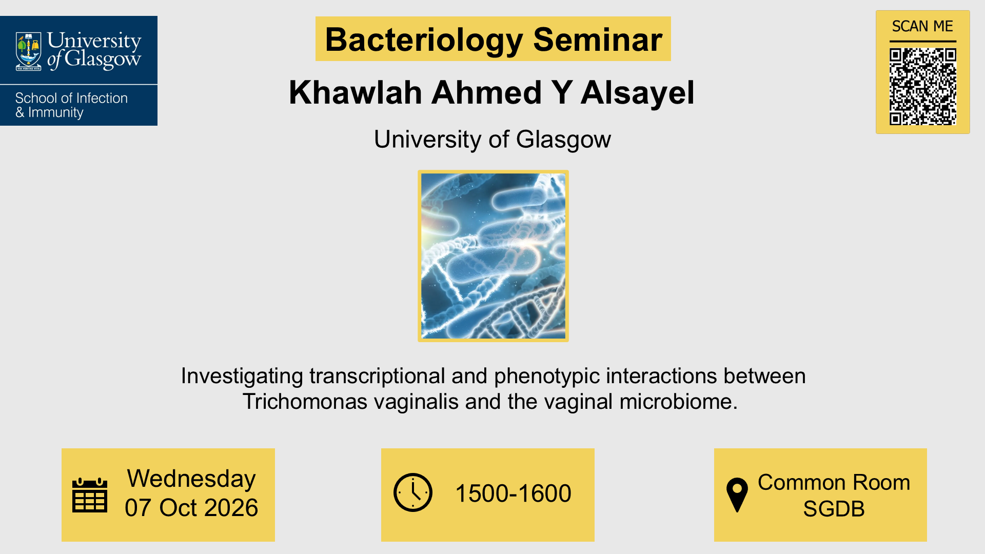 Bacteriology Seminar, Khawlah Ahmed Y Alsayel , of which the date, time, location and title are included in the accompanying text.