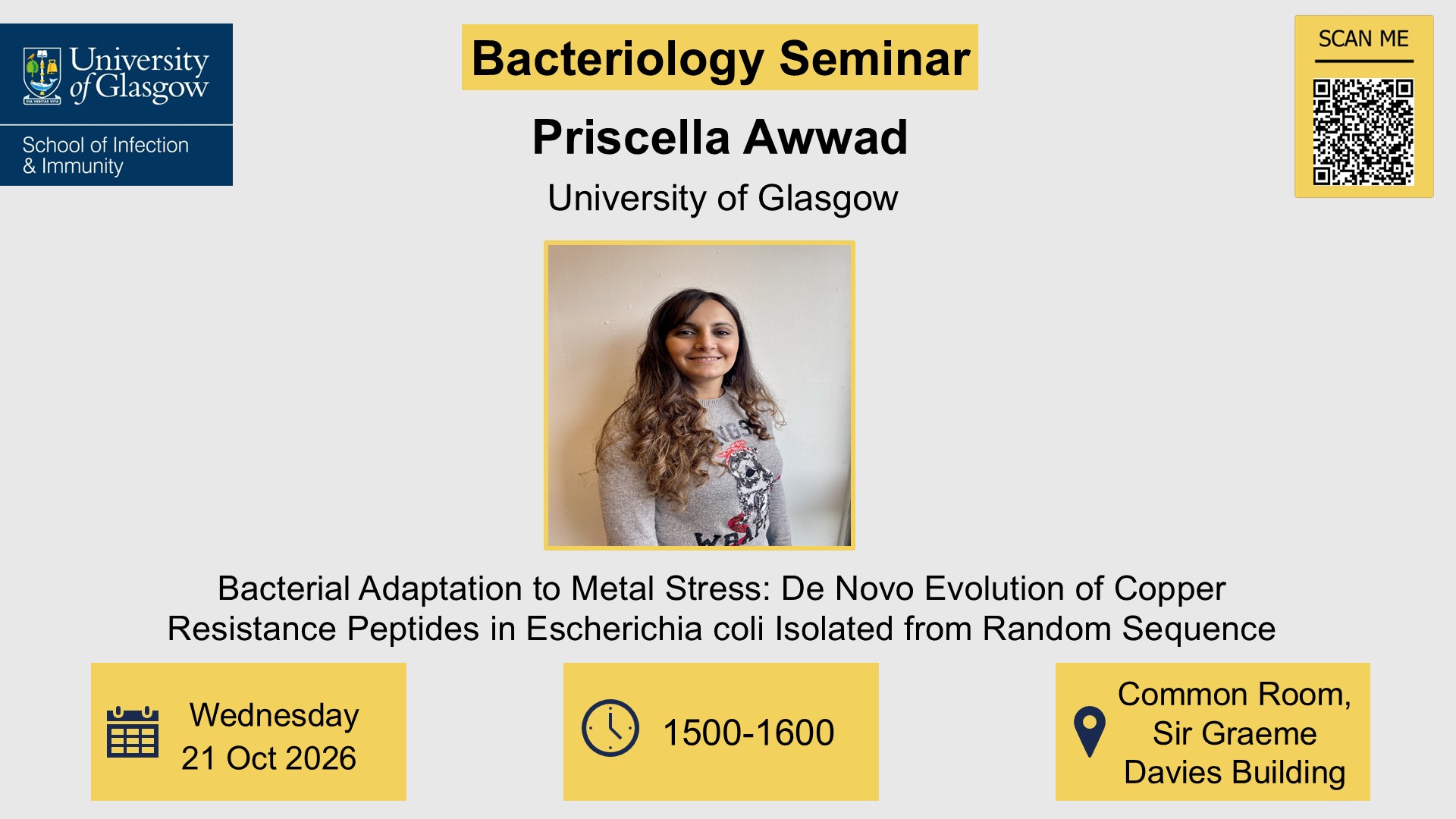 Bacteriology seminar, Priscella Awwad, of which the date, time, location and title are included in the accompanying tex
