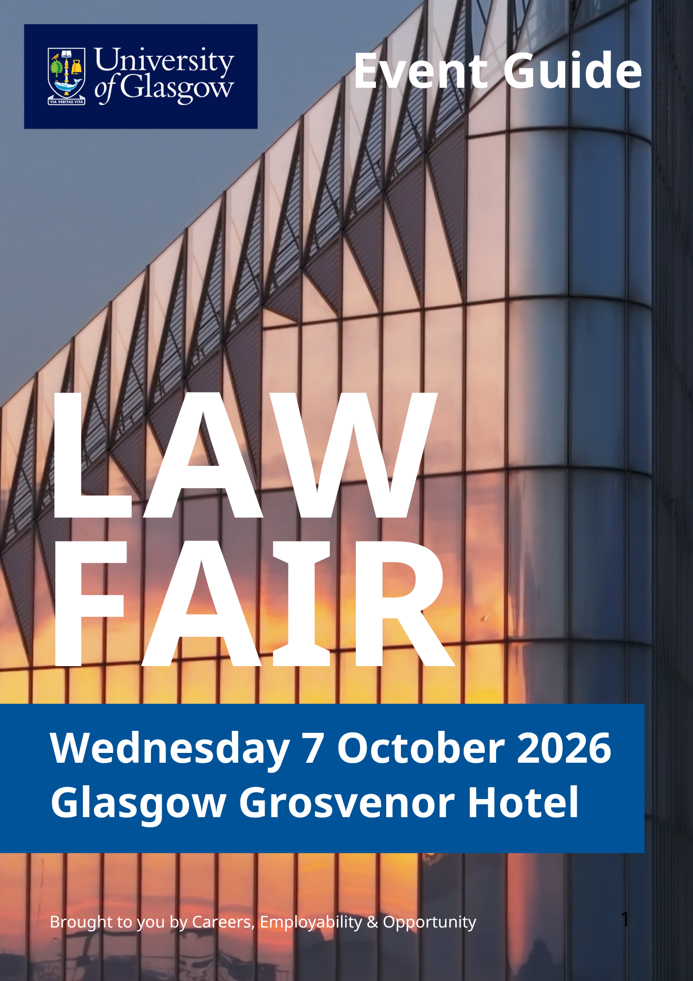 University of Glasgow logo; office building facade at sunset; text overlaid: Law Fair, Wednesday 7 October 2026, Glasgow Grosvenor Hotel
